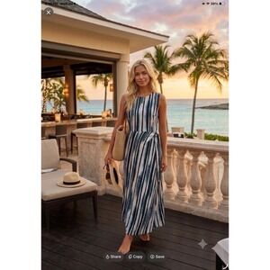 DKNY Black, White & Gray Striped Sleeveless Maxi Dress size 14